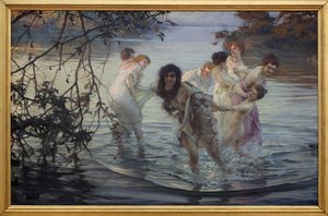 Šťastný ebats. Mladé ženy se baví při plavání ve vodě řeky. Malba Paula Emile Chabase (1869-1937), olej na plátně, kolem roku 1899. Muzeum výtvarného umění v Nantes.