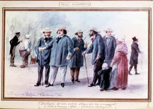 Francouzský spisovatel Honore de Balzac (1799-1850) a jeho přátelé se převlékají za rolníky ve městě Avray v roce 1840. Akvarel maloval po paměti Paul Chardin (1833-?) od Paul Chardin