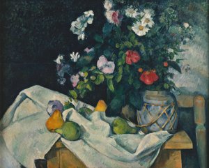 Květiny ve sklenici zázvoru a ovoce od Paul Cézanne