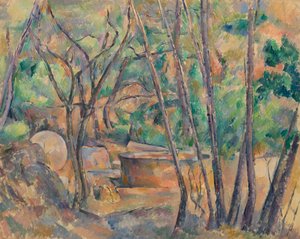 Mlýnský kámen a cisterna pod stromy od Paul Cézanne