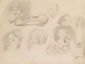 Studie dětské hlavy, ženské hlavy, lžíce a hodin s dlouhým pouzdrem, c1872 od Paul Cézanne