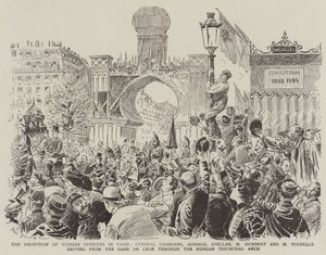 Přijetí ruských důstojníků v Paříži, generál Chanoine, admirál Avellan, M. Humbert a M. Poubelle jedou z Gare de Lyon přes ruský vítězný oblouk.