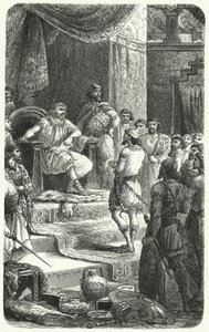 Král David přijímá vyslance tyrského krále Hirama (rytina)