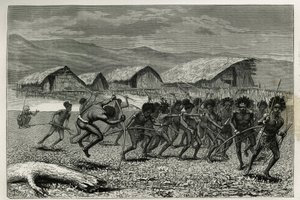 Sestup válečníků Papus Arfaks v Dorey (Nová Západní Guinea), rytina E.Mesplese, pro ilustraci cesty na Novou Guineu od Achille Raffraye, pověřeného vědeckou misí ministerstva veřejného školství, v letech 1876-1877, publikovaná v r. prohlídka d od Paul Eugene (after) Mesples