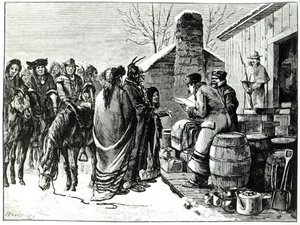 Indiáni z rezervace dostávají příděly od vládních agentů (rytina) od Paul Frenzeny