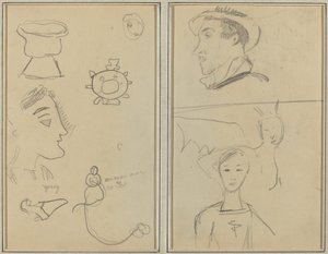 Karikatura a pět forem; Muž z profilu, okřídlené stvoření a chlapec [verso] od Paul Gauguin