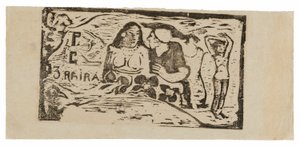 Busta nahé ženy a tříčtvrteční postava muže s bílou čepicí z profilu, třetí malá postava zcela vpravo, čelenka pro Le sourire od Paul Gauguin