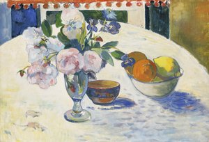 Květiny a mísa ovoce na stole od Paul Gauguin