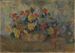 Francouzsky: Capucines et dahlias dans une corbeille, ou Corbeille de fleurs Nasturtiums and Dahlias in a Basket (Kapucínky a jiřiny v košíku) od Paul Gauguin