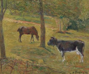 Francouzsky: Vache et cheval dans un pré Kráva a kůň na louce od Paul Gauguin