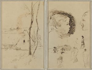 Krajina s chalupou; Profil chlapce, Profil muže, Dvě ženy v krajině a pět dalších studií [verso] od Paul Gauguin