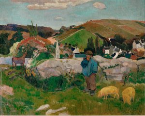 Sedláci, prasata a vesnice pod jasnou oblohou (olej na plátně) od Paul Gauguin