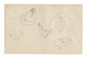 Náčrtky sedících postav a kuřat (recto), Nahé ženské torzo (související s obrazem Te a no areois [Semeno Areoi]) (verso), z Carnet de Tahiti (tahitský skicák) od Paul Gauguin