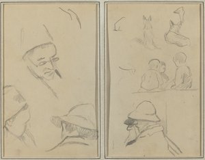Tři studie mužských hlav, jedna s brýlemi; Psi, děti a dva vousatí muži v profilu [verso] od Paul Gauguin