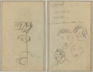 Dvě figury a lavice; Tři studie mužských hlav a jedné ruky [recto] od Paul Gauguin