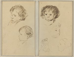 Dvě studie dětské hlavy; Dvě studie hlavy dítěte, ženy v profilu a muže zápasícího se zvířetem [recto] od Paul Gauguin