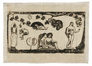 Ženy, zvířata a listí ze sady pozdních dřevotisků od Paul Gauguin