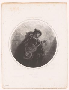 Muž s banjem zpívá a hraje serenádu Serenade Espagnole (název na objektu) Ilustrace k písním Jeanne Gavarni (název série) Illustrations des Mélodies de Madame Jeanne Gavarni (název série) od Paul Gavarni