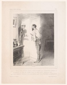 Muž osloví souseda flažoletem Voilà trois heures voisin (...) (název na objektu) od Paul Gavarni