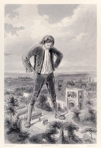 Liliputánská armáda pochoduje mezi nohama Gullivera, z francouzského vydání Gullivers Travels od Jonathana Swifta od Paul Gavarni