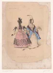 Dvě ženy v plesových šatech Transvestissemens originaux pour les Bals de 1834 (název na objektu) Nápadité oblečení (název série) Fantaisies (název série na objektu) od Paul Gavarni