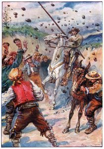 Zasypali Dona Quijota sprškou kamenů, ilustrace z „Dobrodružství Dona Quijota“, vydané nakladatelstvím G. Bell & Sons, Ltd. od Paul Hardy