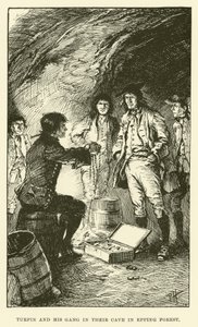 Turpin a jeho gang v jejich jeskyni v Epping Forest (rytina) od Paul Hardy