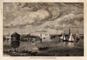 Vstup do přístavu New York, kresba Paula Hueta (1803-1869), pro ilustraci plaveb do Severní Ameriky v letech 1854-1855, L. Deville. Rytina v “”Le tour du monde”” 1861. Selva sbírka.