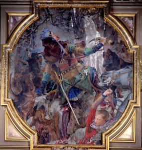 Vize svatého Huberta, který šel na lov do lesa, zázračně vidí Boha zjevujícího se v podobě jelena. Plátno marouflee od Paula Jacquese Aime Baudryho (1828-1886) 1882 Sun. 2,3x2,06 m Chantilly, Musee Conde od Paul Jacques Aimé Baudry