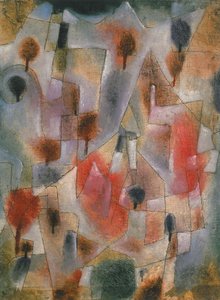 krajina s modrými a červenými stromy, 1920. od Paul Klee