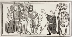 Přichází posel se zprávou pro krále, který stojí v čele své armády. Podle ilustrace v knize ze 13. století. od Paul Lacroix
