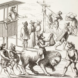 Alegorický obraz excesů, kterých se údajně dopustili hugenoti. Zkrocený lev představuje Francii, která byla zkrocena kacíři a jejich praktikami. od Paul Lacroix