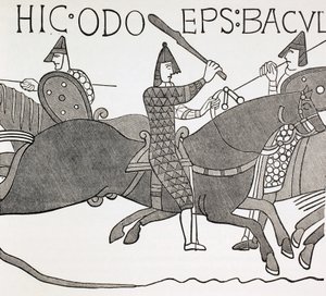 Biskup Edues drží svou štafetu a povzbuzuje vojáky vévody z Normandie v bitvě u Hastingsu. Podle detailu na tapiserii z Bayeux. od Paul Lacroix
