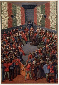 Karel VII předsedající rozsudku Jana, vévody z Alenconu (spojený s Angličany) ve Vendome v roce 1458 – po zmenšení Fouqueta, v „“Vojenském a náboženském životě ve středověku a době renesance“ od Paula Lacroixe, Paříž