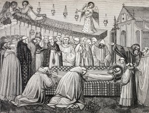 Smrt svatého Benedikta z Nursie neboli San Benedetto da Norcia, 480-547, v opatství Monte Cassino. od Paul Lacroix