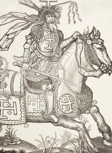 Godfrey z Bouillonu, asi 1060 - 1100, středověký franský rytíř. Vůdce první křížové výpravy. Zde korunován nástroji Kristova umučení. Podle dřevorytu z 15. století. od Paul Lacroix