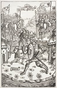 Král Artus neboli Artuš, chráněný Pannou, bojující s obrem. Podle dřevorytu v Chroniques De Bretagne, Alain Bouchard, vydáno 1514. od Paul Lacroix