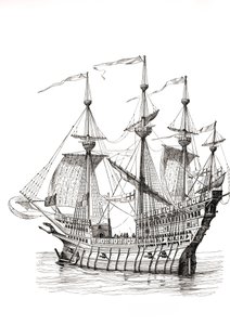 Válečná loď, která v roce 1520 vezla krále Jindřicha V. VIII. z Anglie do Francie na setkání s králem Františkem I. na poli zlatého plátna. Podle Holbeinovy kresby. od Paul Lacroix