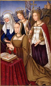 Portrét Anny Bretaňské (1477-1514), královny Francie, v modlitbě se svou svatou patronkou svatou Annou, svatou Helenou a svatou Ursule - v „“Vojenském a náboženském životě ve středověku a době renesance““ od Pavla Lacroix, Paříž