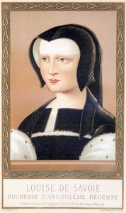 Portrét Louise Savojské (1476-1531), vévodkyně z Angouleme a regente z Francie. Chromolitografie z „Louis XII and Anne de Bretagne“ od Paula Lacroixe, ed. Georges Hurtrel