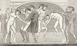 Svatí Savin a Cyprián, kterým železné háky vytrhly tělo z těla. Podle fresky z 11. století v kostele svatého Savina ve Vienne, Francie. od Paul Lacroix