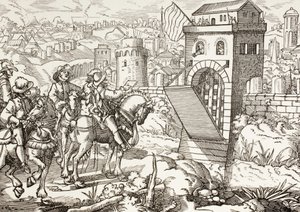 Obléhání města. Obléhající armáda přečte podmínky, za kterých se město vzdá a otevře brány. od Paul Lacroix