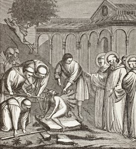 Svatý Benedikt a ďábel. Když Benedikt stavěl kapli, seděl ďábel na kameni a nikdo s ním nemohl pohnout, dokud svatý Benedikt kámen nepožehnal. Pak se ďábel dal na útěk. od Paul Lacroix
