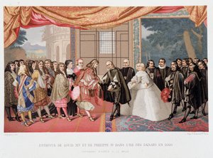 Třicetiletá válka: „“ Rozhovor s francouzským králem Ludvíkem XIV. (1638-1715) a Filipem IV. Španělským (1605-1665) na ostrově Paisans dne 7. 11. 1659“ Španělsko souhlasí s podpisem smlouvy o Pyreneje. Dcera Filipa IV., Marie Terezie (Marie-Therese)