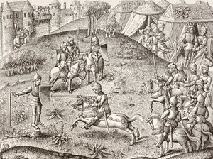 Tilting At A Quintain, The Revolving Effigy Of A Knight (Otáčející se rytířská figurína). Podle miniatury v Chroniques de Charlemagne z 15. století. od Paul Lacroix