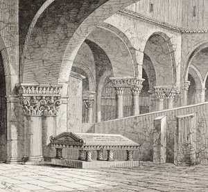 Hrobka Godfreye de Boullon, C 1060 - 1100, jak existovala v kostele Božího hrobu v Jeruzalémě. Hrobka je nyní zničena. Podle kresby z roku 1828. od Paul Lacroix