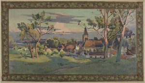 Náčrtek pro Thiaisovu radnici: vesnice s kostelem, kolem roku 1902 (olej na plátně) od Paul Léon Felix (attr. to) Schmitt