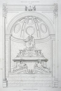 Pohřební pomník papeže Pavla III. (Farnese), rytina z Vatikánu a baziliky svatého Petra od Paul Marie Letarouilly