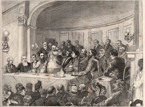 Anti-Slavery Congress konaný v Paříži ve dnech 21., 22. a 23. září 1890 v Geography Society za přítomnosti Julese Simona, Emile Kellera a Monseigneura Lavigerie. Rytina podle kresby Paula Merwarta v „The Illustrous World“ z roku 1890.