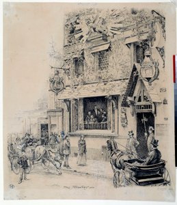 Pohled na vchod do Cabaret du Chat Noir. Kresba tuší od Paula Merwarta (1855-1902) Paříž 19. století, Musee Carnavalet
